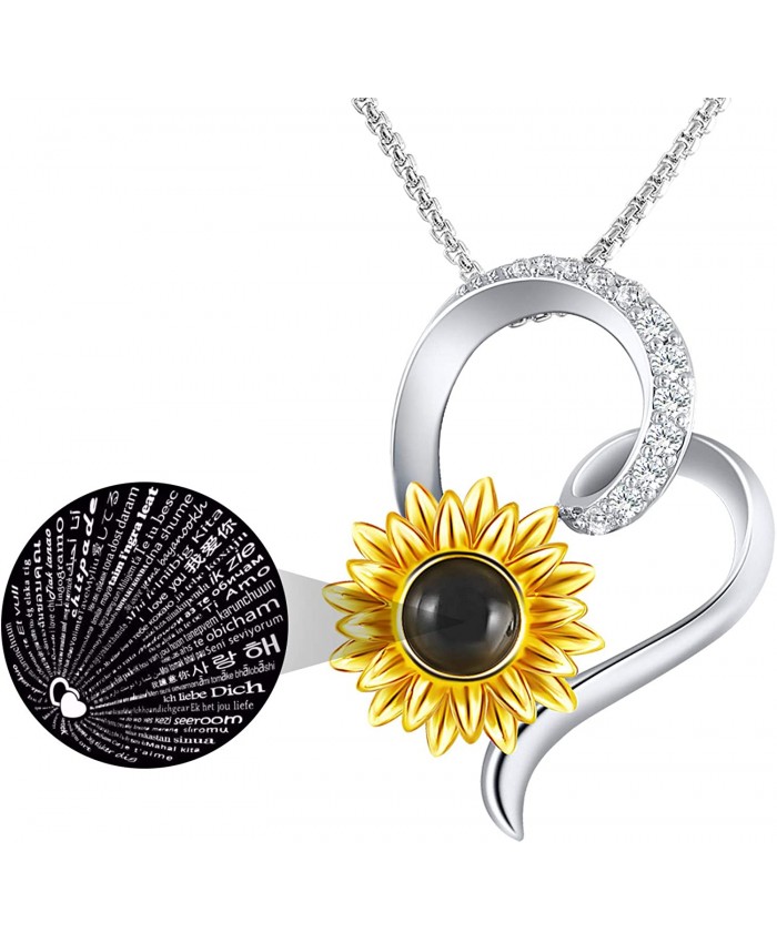 SNZM Mother's Day Gifts Sunflower Necklace for Women I Love You Heart Necklace 100 Languages Pendant with 5a Cubic Zirconia Birthday Anniversary Jewelry for Wife Girlfriend Mother