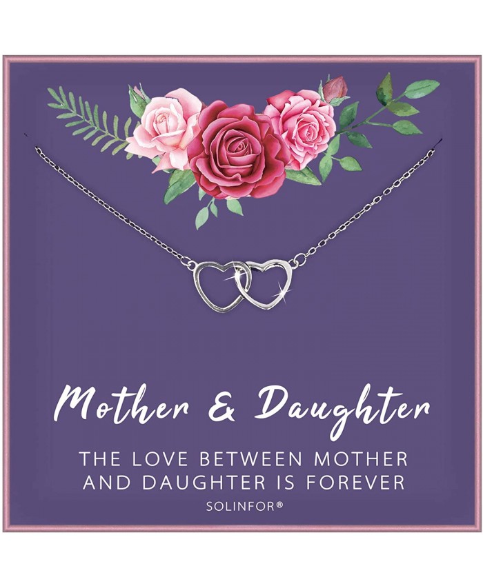 SOLINFOR Mother Daughter Necklace - Sterling Silver Jewelry with Gift Wrapping Card - Gifts for Mom Daughter Birthday Mothers Day - Two Interlocking Hearts Necklace for Women