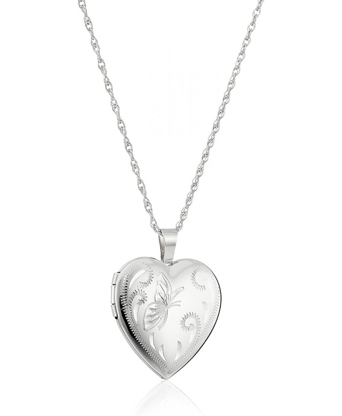 Sterling Silver Heart with Hand Engraved Butterfly Locket Necklace 18