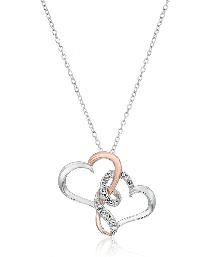 Sterling Silver Two Tone Double Heart Pendant Necklace Made with Swarovski Crystal 18
