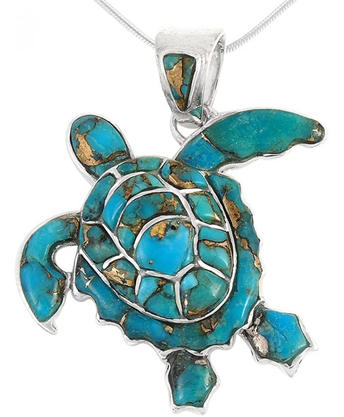 Turtle Pendant Necklace in Sterling Silver 925 & Copper Matrix Turquoise