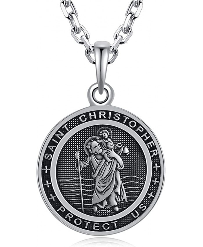 VENICEBEE Saint Christopher Medal Solid 925 Sterling Silver Pendant Necklace with Chain Black Velvet Pouch Polishing Cloth Fine Jewelry Gift Box St. Christopher