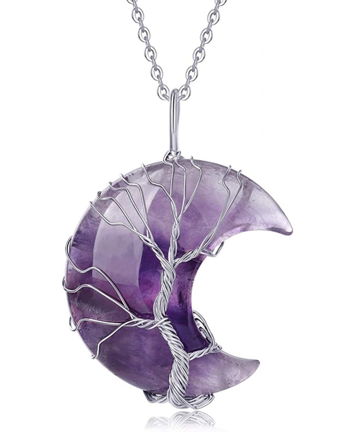 XIANNVXI Healing Crystal Stone Amethyst Necklaces Tree of Life Wire Wrapped Crescent Moon Pendant Necklace Reiki Natural Gemstone Quartz Jewelry Mothers Day Gifts for Women Men