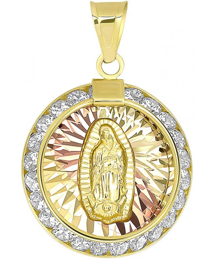 14K Yellow Gold Tri-Tone Round Shaped Our Lady Of Guadalupe Elegant CZ Medallion Pendant JewelryAmerica