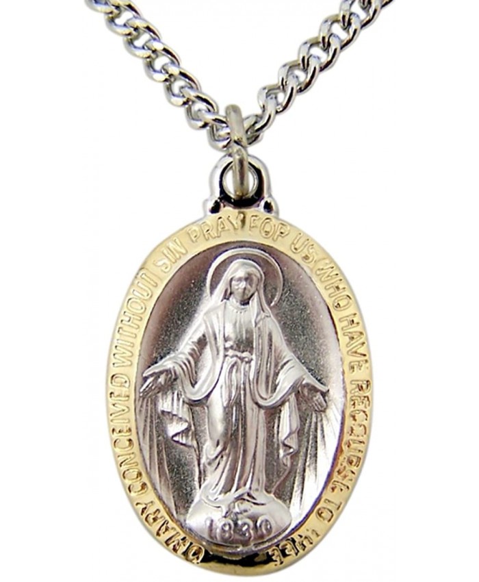 Catholic Patron Saint Pendants Sterling Silver Two Toned Oval Miraculous Medal Pendant 7 8 Inch