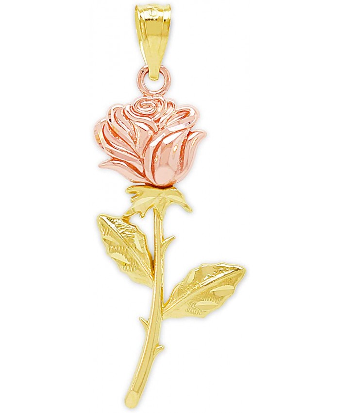 Charm America - Gold Long Stem Rose Charm - 10 Karat Solid Yellow and Rose Gold