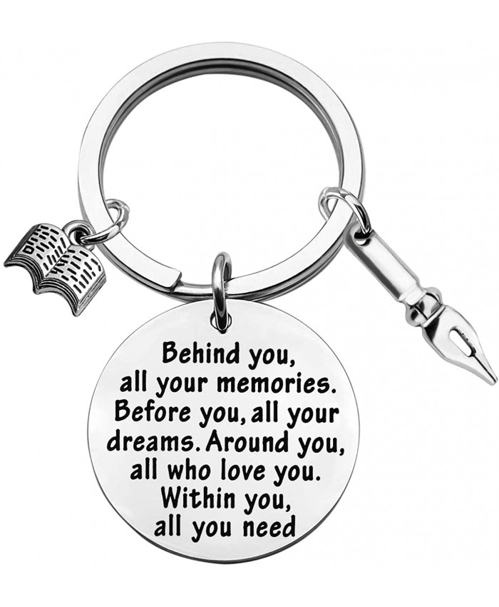 FEELMEM Creative Writer Gift Future Author Keychain Gift Novelist Gift Behind You All Memories Before You All Your Dream Keychain Inspirational Writing Jewelry for Him Her Creative Writer Keychain