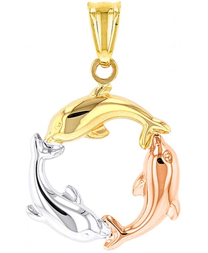 High Polish 14K Tri Color Gold Dolphin Circle Charm Pendant JewelryAmerica
