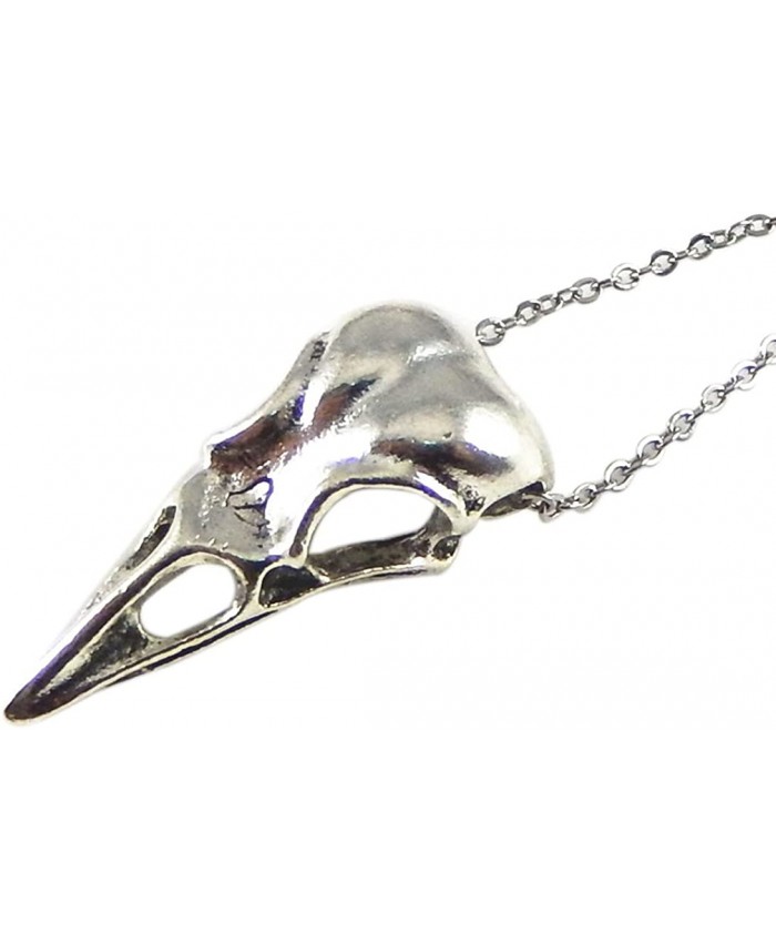 JJG Vintage Antiqued Silver Crow Raven Skull Necklace with Stainless Steel Chain 18' Raven Skull