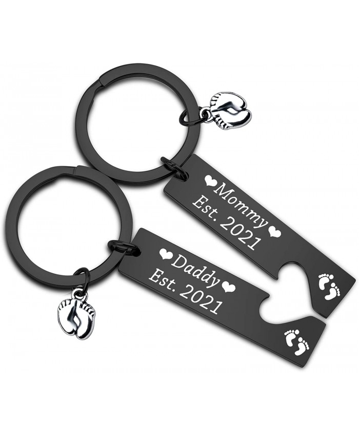 Pregnancy Announcement Gifts Daddy and Mommy Est 2021 Keychain Set New Parents Gift First Time Mom Gifts Baby Footprint Charm Daddy to Be Gift Daddy Mommy Est 2021 Black
