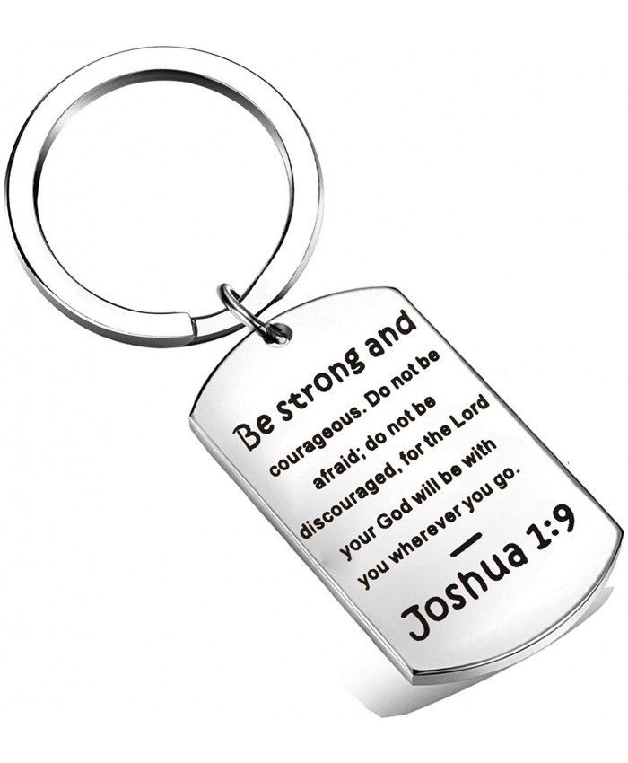 QIIER Christian Keychain Be Strong and Courageous Joshua 19 Bible Verse Dog Tag Pendant Keychain Religious Jewelry Inspirational GiftsJoshua 19 Dog Tag