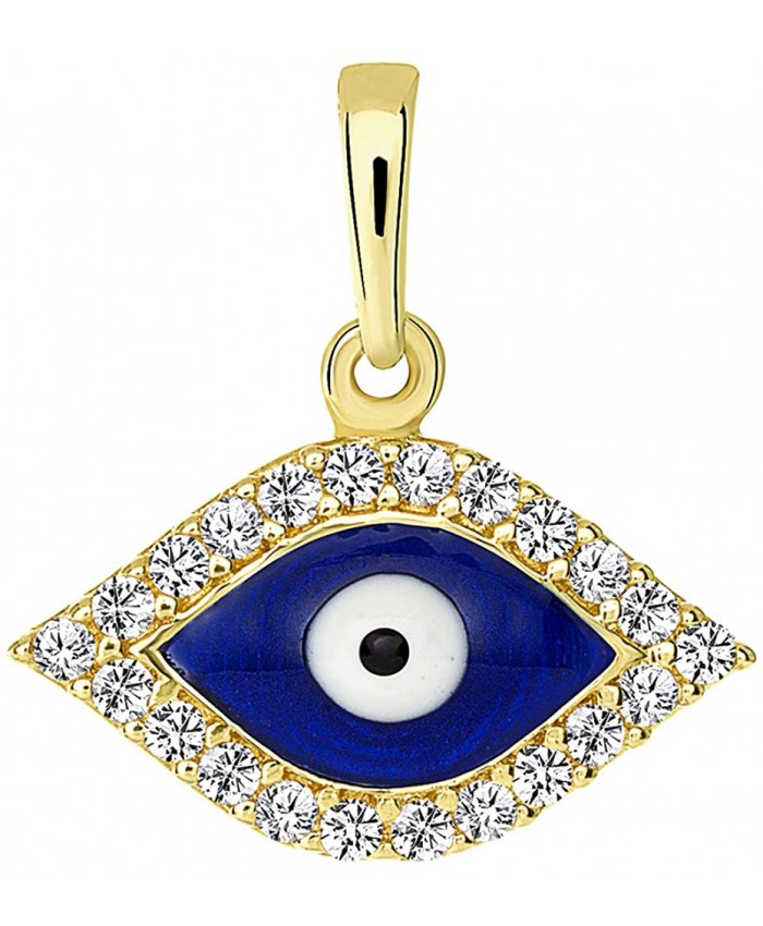 Solid 14k Yellow Gold Blue Evil Eye Charm Pendant with Cubic Zirconia JewelryAmerica