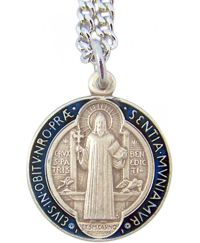 Sterling Silver with Blue and Red Enamel Round Saint Benedict Medal Pendant 5 8 Inch