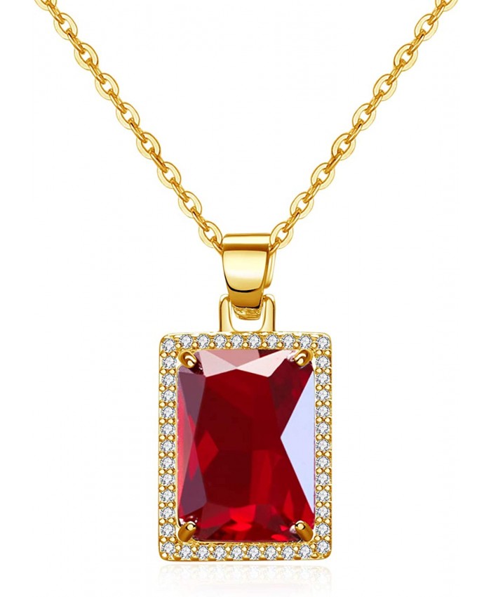 VONSSY 18K Platinum and Gold Plated Chain Red Ruby Simulated Emerald 5A CZ Diamond Crystal Halo Checkerboard Cut Gemstone Pendant Necklace for Women Jewelry Gift 18 inch with 2 Extender Yellow Chain