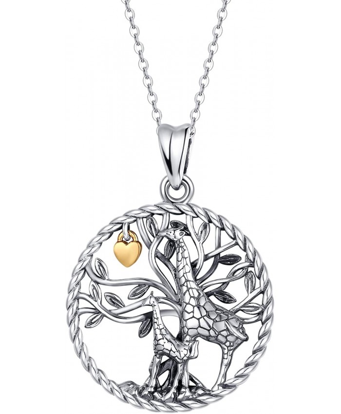 Waysles Giraffe Necklace S925 Sterling Silver Tree of Life Necklace with Love Heart Giraffe Animal Head Necklace Cute Animal Giraffe Jewelry Gifts for Women Mom Giraffe Round Necklace