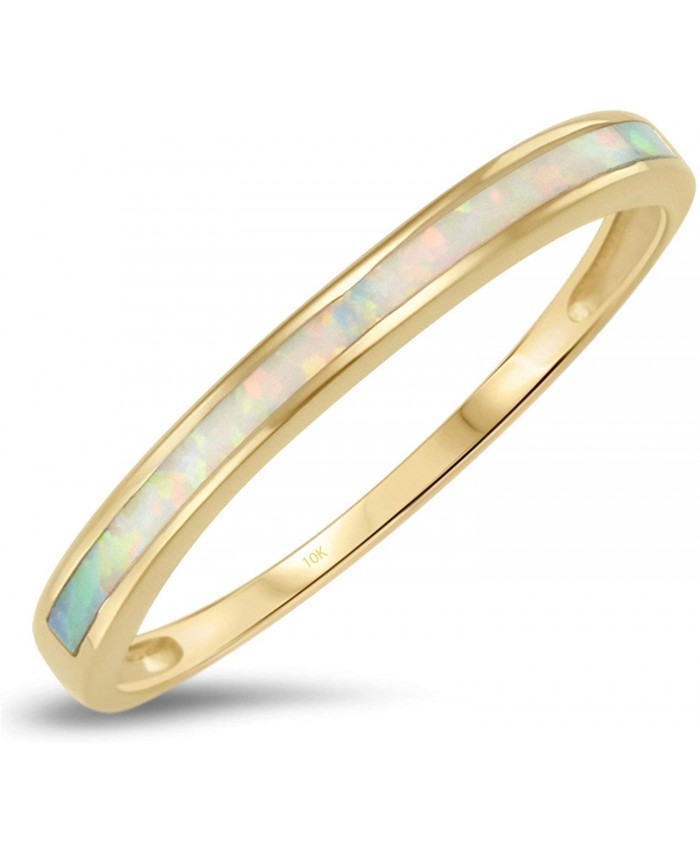 10k Solid Yellow Gold White Opal Inlay Band Ring