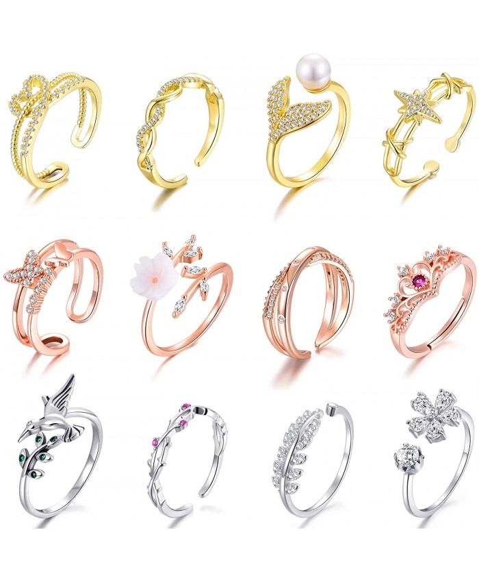 12 Pcs Rose Gold Rings for Women Knuckle Rings Set - Engagement Rings for Women - Cubic Zirconia Rings for Teen Girls - Stackable Rings for Women Finger Rings- Pack of Silver Rings for Teens