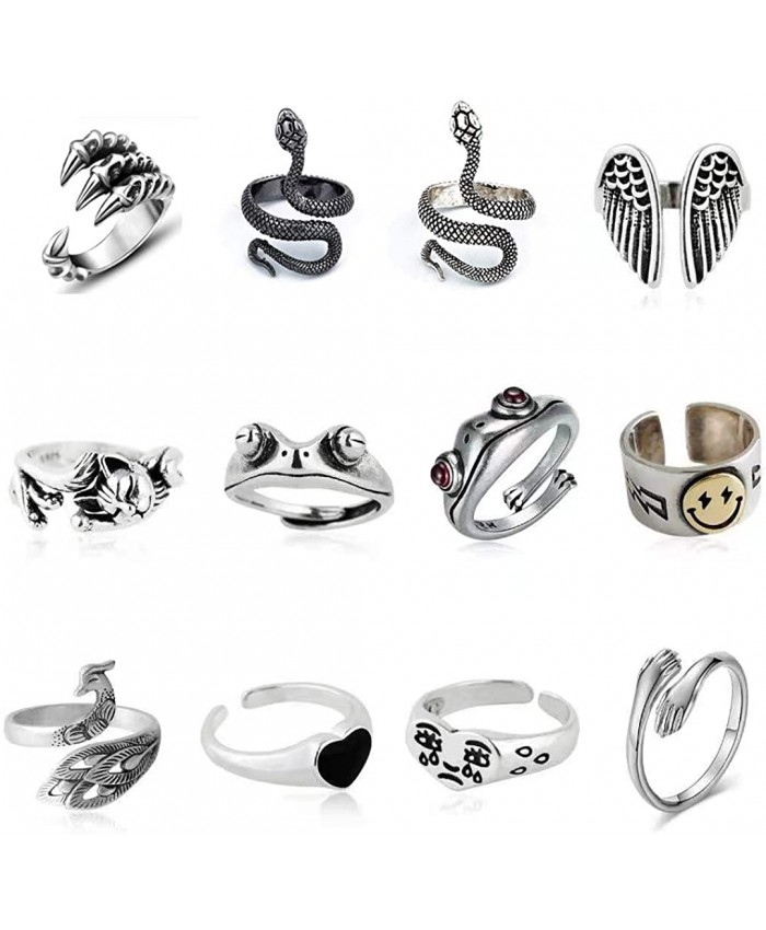 12 Pcs Silver Plated Frog Rings Set Cute Animal Open Rings Pack Vintage Goth Hippie Matching Rings Cute and Stylish Snake Hug Cat Lucky Face Rings for Couples Gift for Women Men Girls|