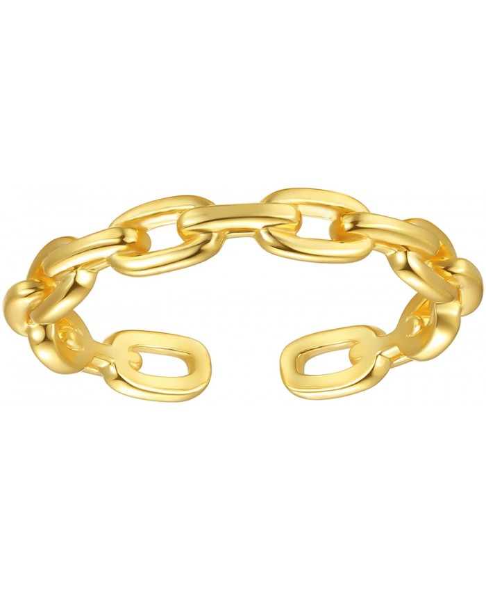 18K Gold Plated Sterling Silver Chain Link Ring Simple Stacking Band Open Rings for Women Adjustable