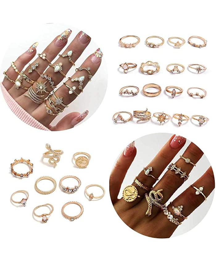 26 Pieces Bohemian Crystal Knuckle Rings Set Gemstone Vintage Flower Stacking Finger Rings Midi Rings for Women Hollow Carved Gold Rings Crystal Joint Rings
