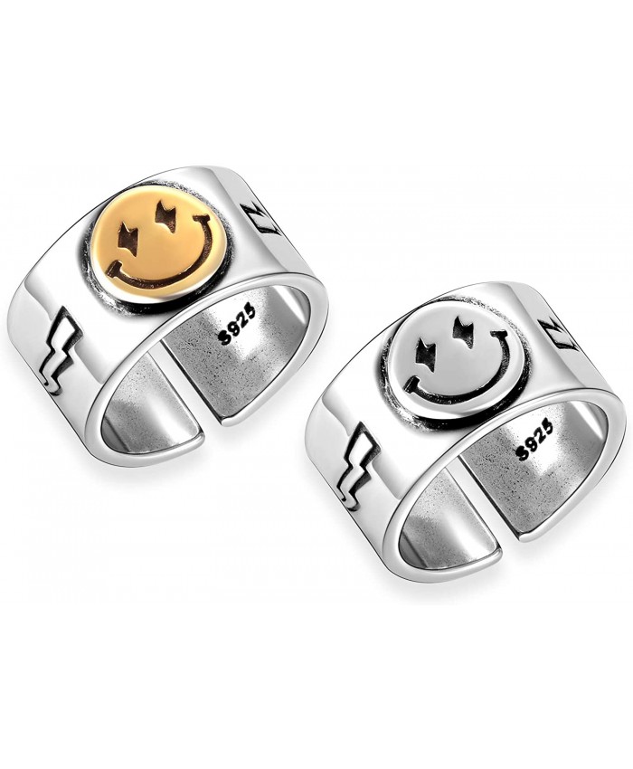 2pcs Wide Smiley Face Ring for Women Tiktok Happy Face Ring Vintage Silver Open Band Rings Statement Gold Smile Smiling
