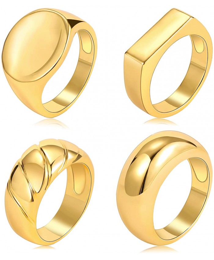 4 PCS Gold Chunky Dome Rings Set for Women 18K Real Gold Signet Polished Round Stacking Minimalist Ring Size 5-10