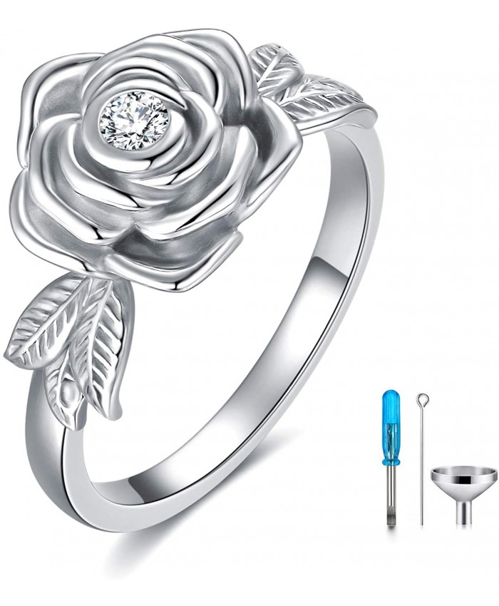 925 Sterling Silver Rose Flower Cremation Urn Ring Holds Loved Ones Ashes Cremation Keepsake Ring Jewelry Embellished with Crystals from Austria
