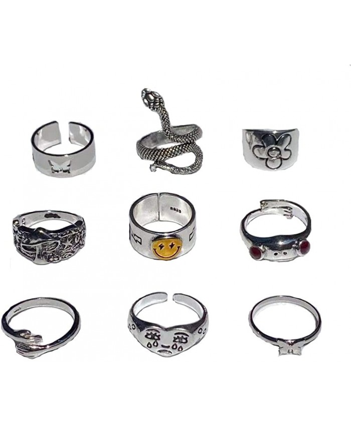 9pcs Indie Rings Chunky Frog Mushroom Snake Butterfly Heart Smile Face Flower Ring Hippie Jewelry Promise Couple Matching Friendship Cute Dainty Rings