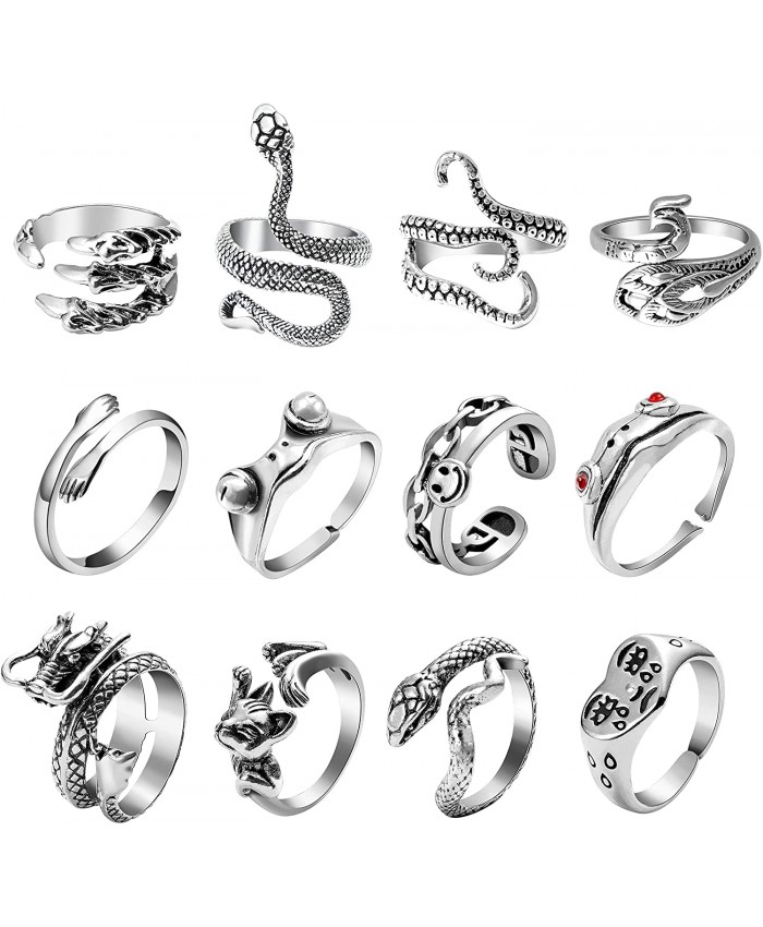 A1diee 12 Pcs Vintage Opening Punk Rings Set Stainless Steel Alloy Biker Adjustable Rings Snake Chinese Dragon Claw Octopus Frog Rings Fashion Retro Gothic Knuckle Ring Black Silver Antique Jewelry