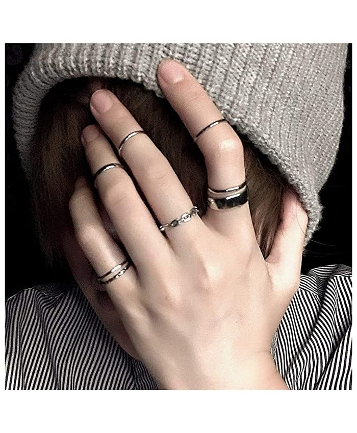 Aimimier Gothic Knuckle Ring Set 7 Pcs Half Open Finger Ring Silver Punk Stackable Rings for Women or Men