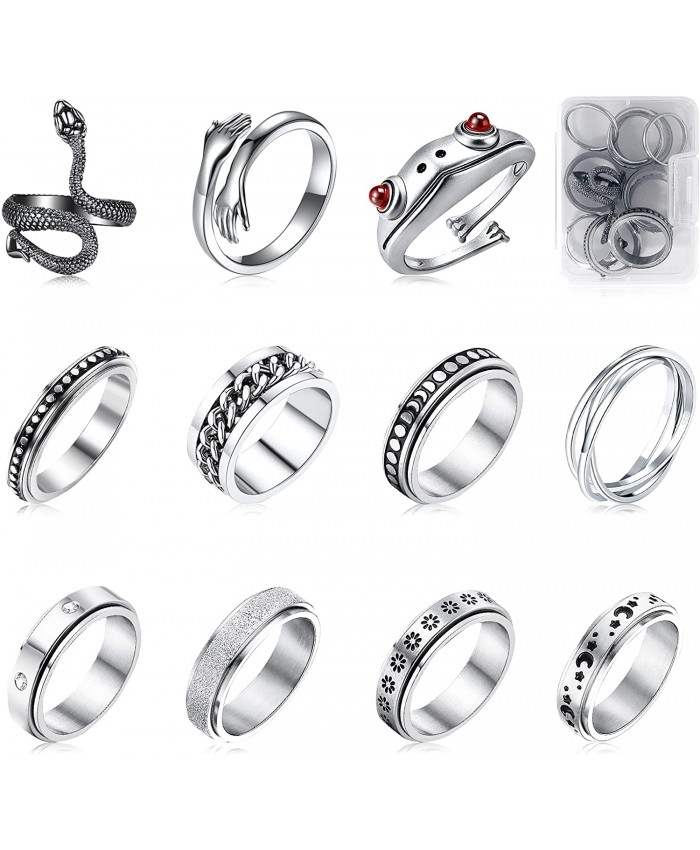 Anxiety Ring for Women 11 Pieces Stainless Steel Adjustable Punk Rings Frog Moon Star Fidget Band Rings for Men Silver