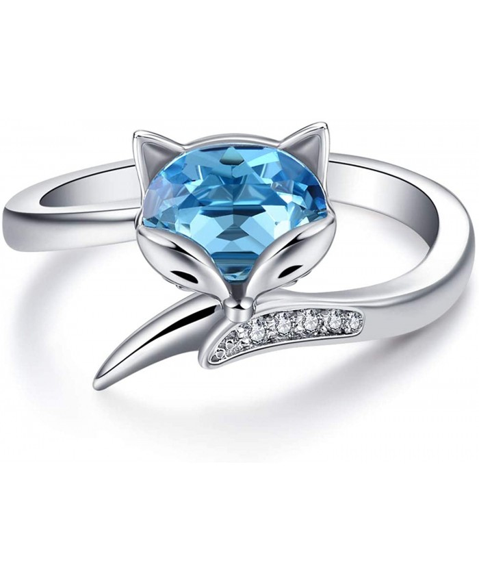 AOBOCO Sterling Silver Fox Ring for Women Simulated Aquamarine Birthstone Crystal from Austria Animal Fox Tail Adjustable Open Ring Anniversary Birthday Fox Jewelry Gifts for Foxes LoversBlue