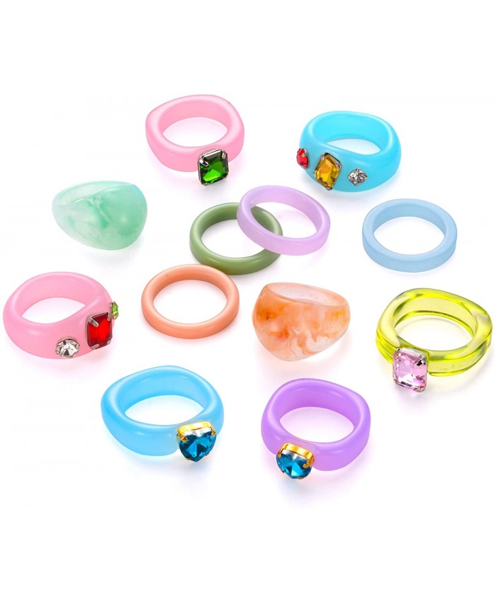 BMMYE 12Pcs Resin Rings for Women Retro Acrylic Colorful Chunky Rings Pack Clear Plastic Gem Rhinestone Bands Diamand Finger Ring for Adult Women's Beach Jewelry