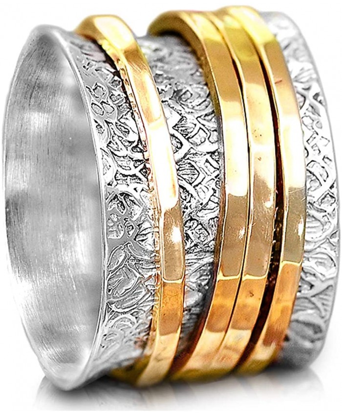 Boho-Magic 925 Sterling Silver Spinner Ring for Women with 4 Brass Fidget Rings Chunky Wide Band