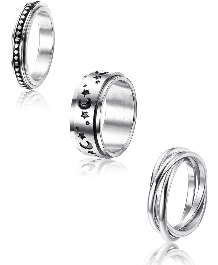 CASSIECA 3 Pcs Stainless Steel Spinner Ring for Women Mens Fidget Band Cool Rings Moon Star Celtic Stress Relieving Wide Wedding Promise Rings SetSize 5-12