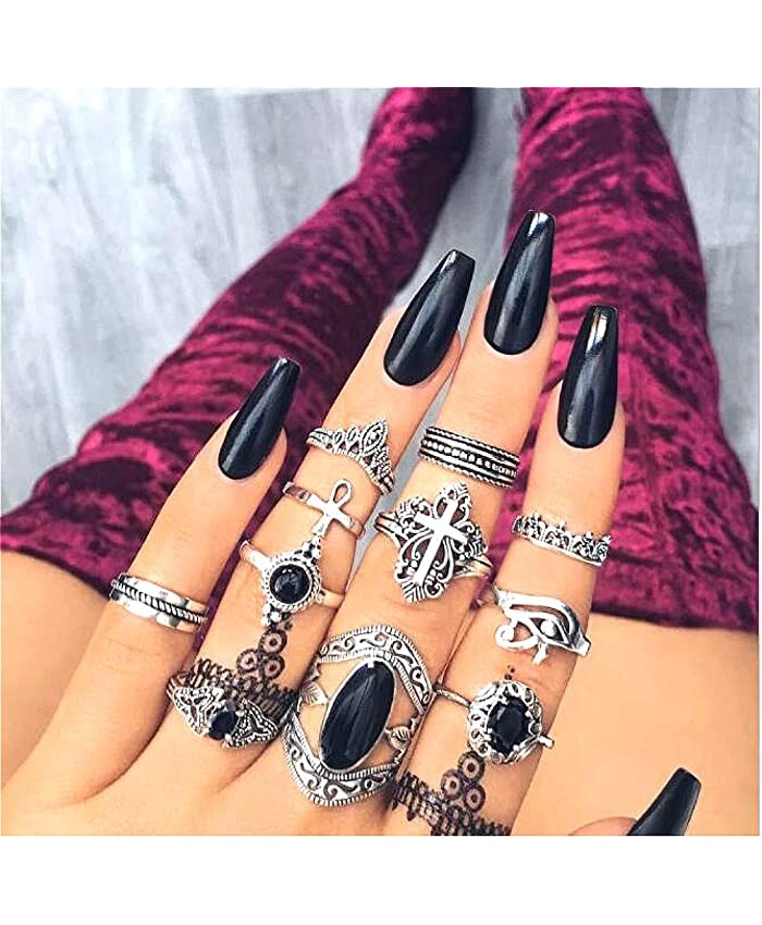 Cathercing 11 Pcs Women Silver Ring Sets Knuckle Vintage Rings Pack for Women Girls Bohemian Rings Black Gem Joint Knot Rings Set for Teens Party Daily Fesvital Jewelry Gift