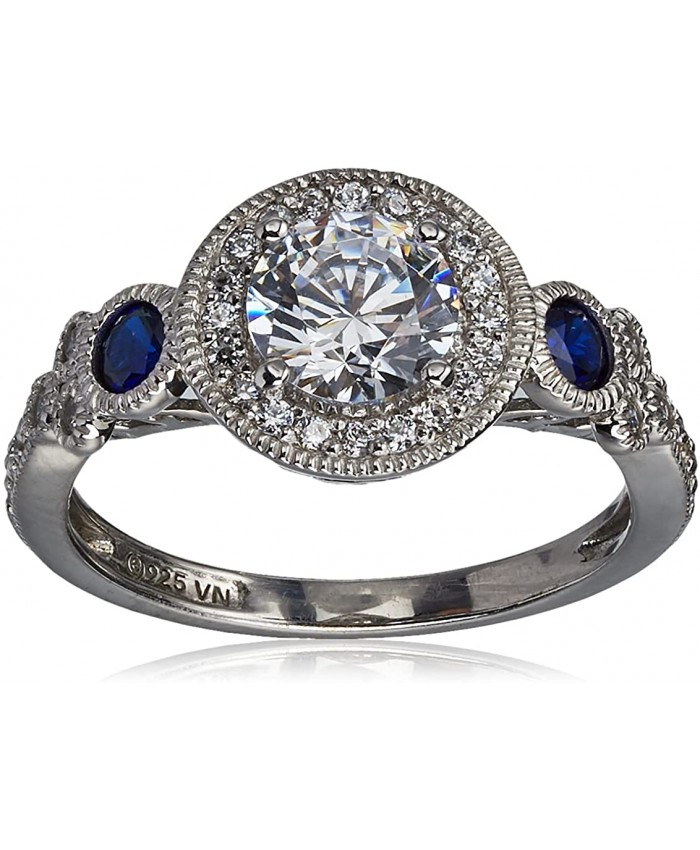  Collection Platinum-Plated Sterling Silver Swarovski Zirconia Antique Round-Cut and Created Sapphire Ring