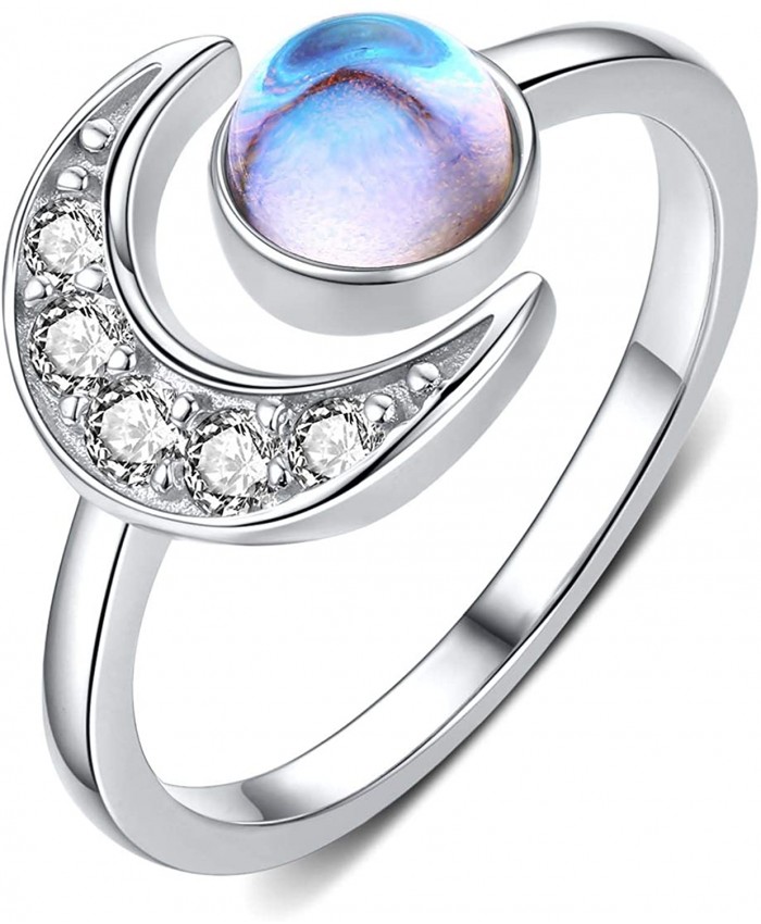 CUOKA MIRACLE Moon Ring S925 Sterling Silver Crescent Moon Ring Synthetic Moonstone Open Ring Adjustable Ring Gift for Women Blue