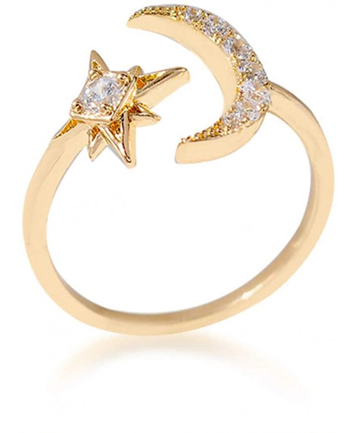 Cz Moon Star Rings for Women - Open Ring AAAA Cubic Zirconia Moon and Star Open Band Ring Adjustable for US 5-9