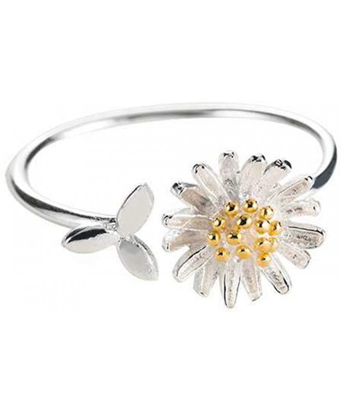 Daisy Flower Cute Leaf Sterling Silver Engagement Open Toe Rings Dainty Adjustable Gold Plated Finger Promise Statement Band Sunflower Ring Jewelry Gifts for Birthday Women Girlfriend Teen Girls