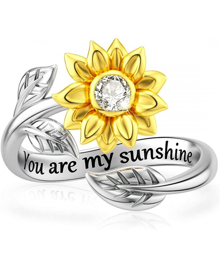 DALARAN Sunflower Ring for Women Sterling Silver You are My Sunshine Sunflower CZ Ring Adjustable Size 6-10