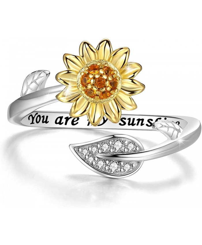 DIOFRG Engraved You are My Sunshine Sunflower Ring 14K Gold Plated CZ Adjustable Warp Rings S925 Sterling Silver for Women Teen Girls Birthday Gifts Size 7 9 11