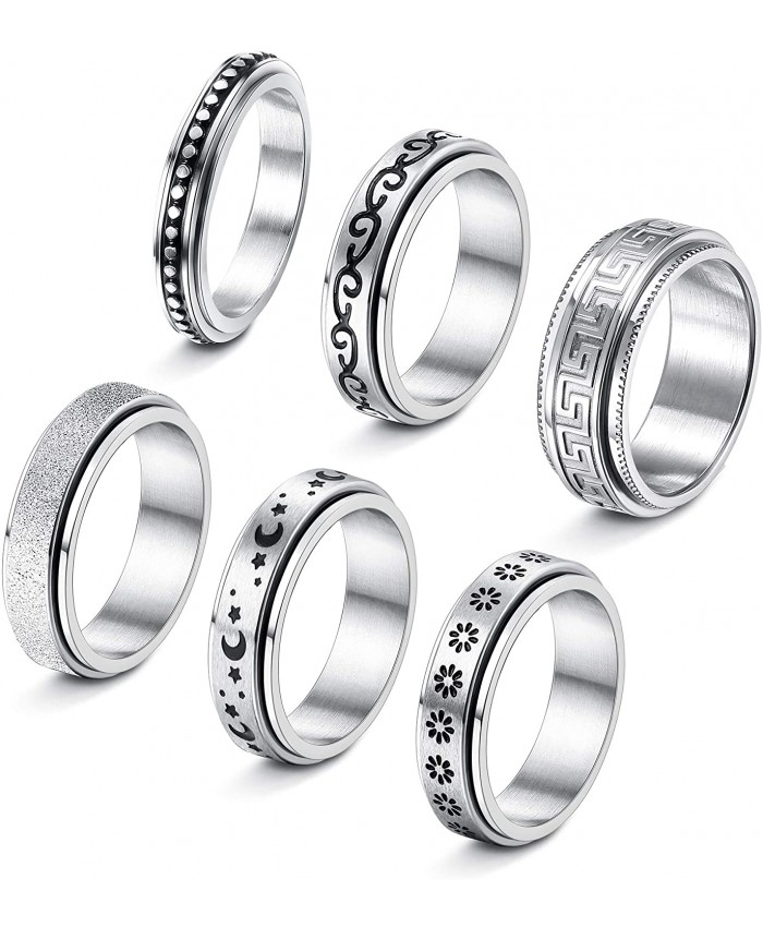 FIBO STEEL 6Pcs Stainless Steel Spinner Ring for Women Men Fidget Band Rings Moon Star Meditation Ring Set for Stress Anxiety Relieving Wedding Promise Size 6-11
