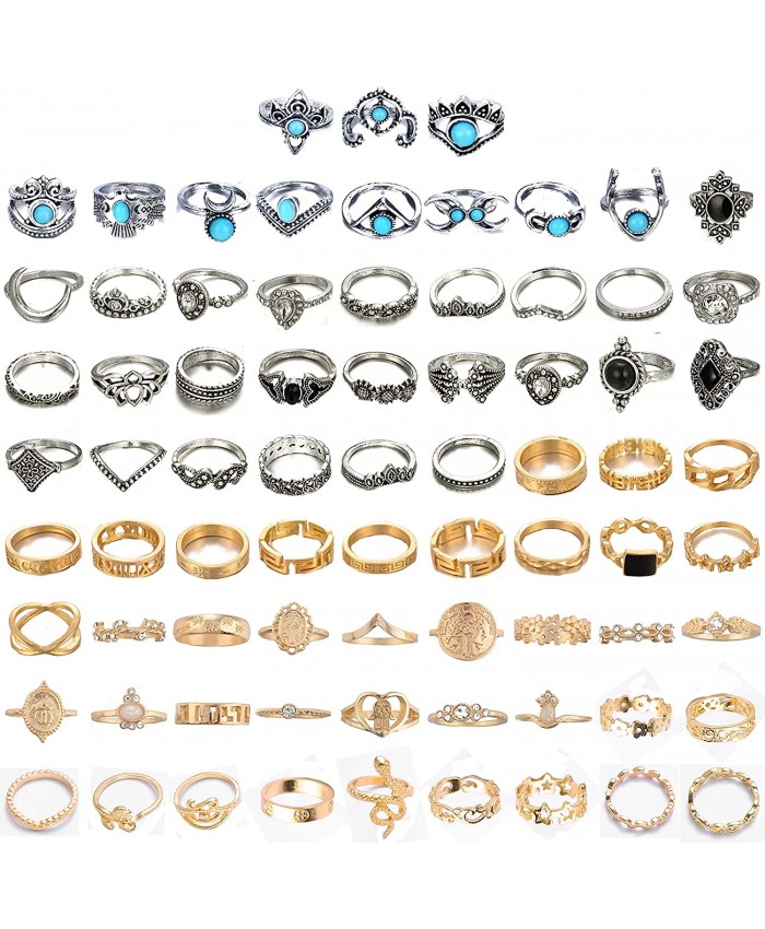 FUTIMELY 75Pcs Vintage Knuckle Rings Set Stackable Finger Rings for Women Teen Girls Bohemian Hollow Carved Flowers Gold&Silver Rings Set Crystal Joint Midi Rings