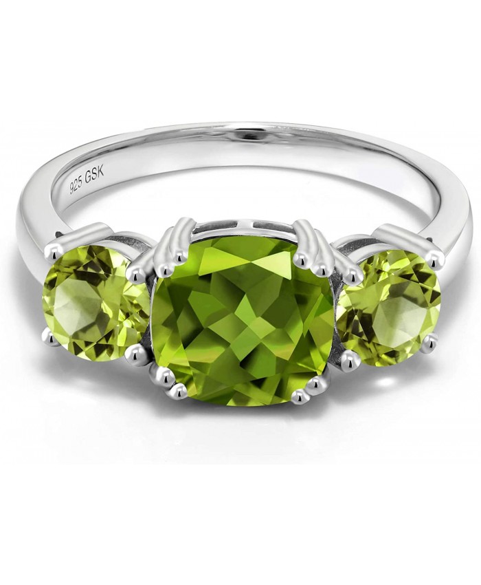 Gem Stone King 925 Sterling Silver Green Peridot Women Meghan Ring 3.45 Cttw Cushion Cut Available in size 5 6 7 8 9