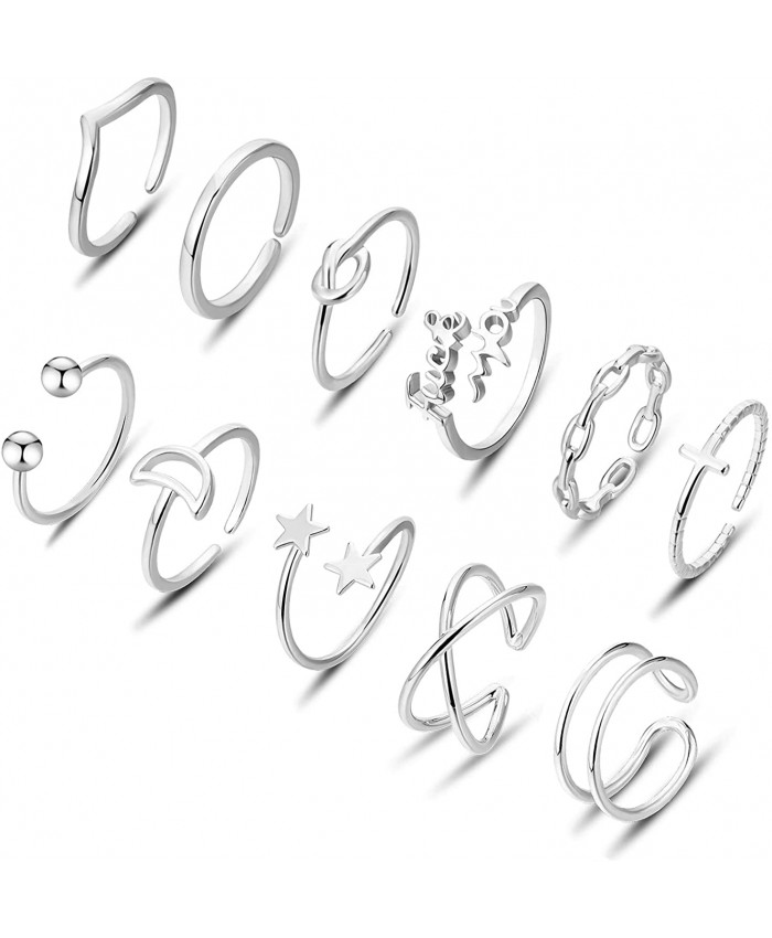 Honsny 11Pcs Adjustable Rings for Women Knot Heart Star Moon Open Ring Set Stackable Thumb Rings Band Jewelry