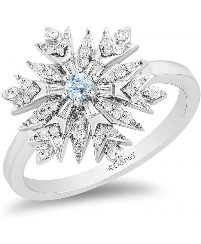 Jewelili Enchanted Disney Fine Jewelry Sterling Silver with 1 4cttw Diamonds and Sky Blue Topaz Elsa Snowflake Ring.
