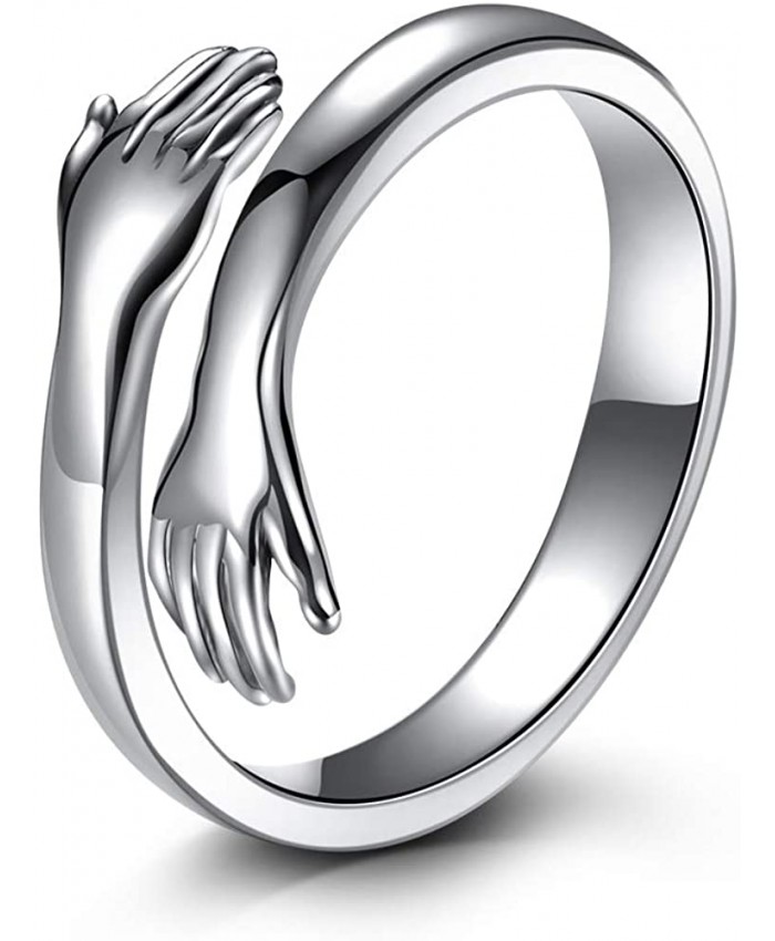 LOVECOM Hug Ring 925 Sterling Silver Hug Rings for Women Girls Silver Hugging Hands Open Promise Ring Jewelry Hug Hands Mens Rings Couples Wedding Bands