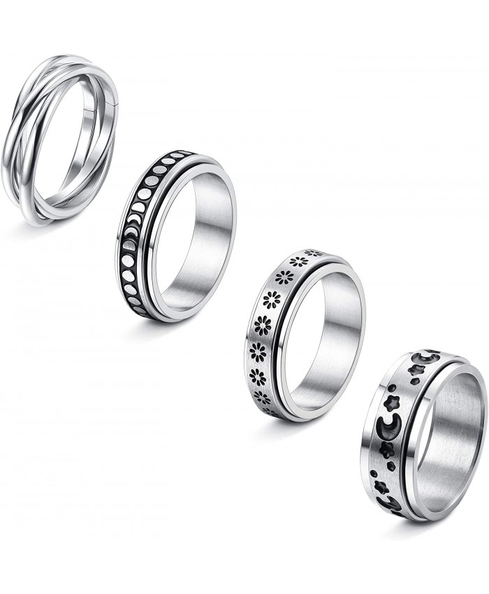 LOYALLOOK 4PCS Stainless Steel Spinner Rings for Women Men Spinner Fidget Band Cool Rings Moon Star Sun Stress Relieving Rings Wedding Promise Rings