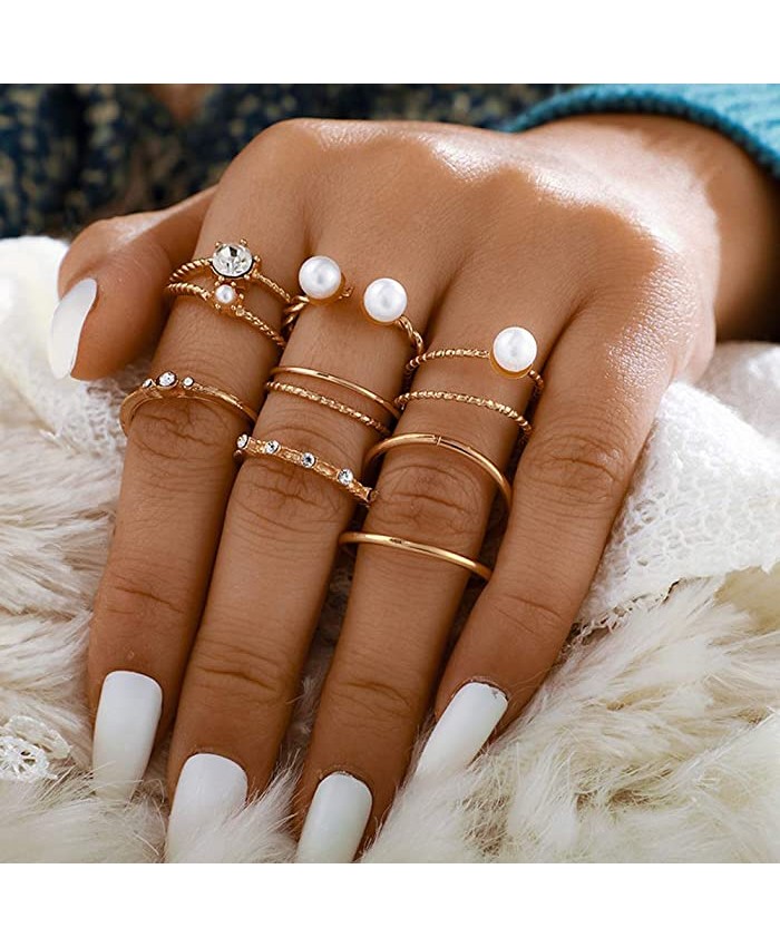 Missgrace 8 Piece Gold Knuckle Ring Set Vintage Pearls Rhinestones Boho Stackable Adjustable Rings for Women Style 5